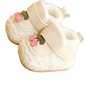 Winter baby girl fleece walking shoes in cream white with cherry embroidery and lace