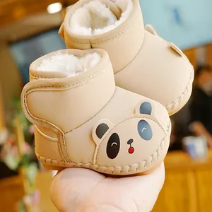 Warm beige baby snow boots with cute panda design and soft plush lining for infants