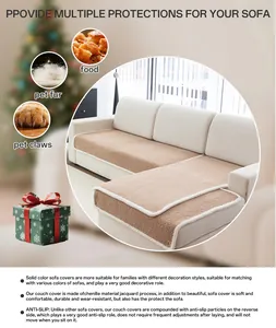 Detail of caramel chenille sofa cover with non-slip backing and pet-proof fabric texture