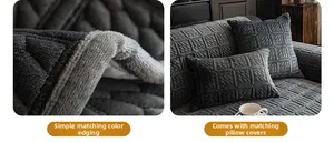 Macro detail of dark grey velvet sofa cover with geometric patterns and matching pillowcases