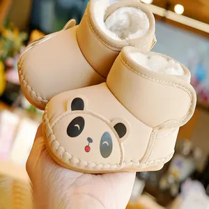 Cute panda baby winter snow boots with soft sole, warm plush lining and velcro strap