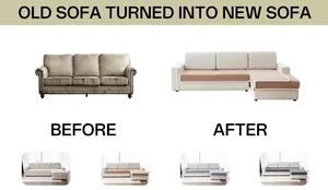 Detail showing plush cream sofa covers transformation from old to new with color options