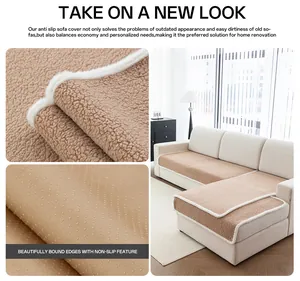Detail of camel faux lamb wool sofa cover with non-slip backing and premium edging