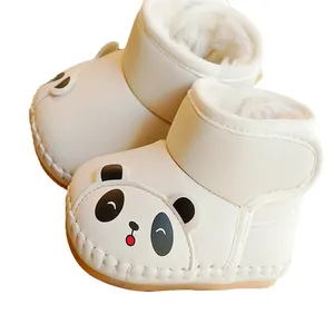 White baby snow boots with cute panda design, warm fleece lining and non-slip soft soles