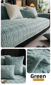 Close-up of green plush sofa cover with heavy geometric texture and soft velvet finish