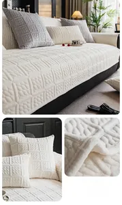 Macro detail of creamy white plush sofa cover featuring 3D geometric texture and soft fabric