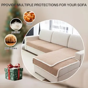 L-shaped sherpa fleece sofa cover in light camel with anti-slip and pet-friendly features