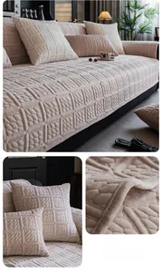 Macro detail of coffee brown milk velvet sofa cushion with quilted geometric pattern texture