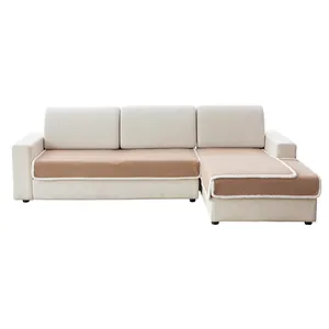 L-shaped sectional sofa cover in brown lamb wool with white plush trim and non-slip backing