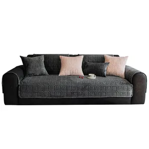 Thick milk velvet sofa cover set with non-slip grid texture in dark grey and pink