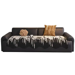 Vintage chenille sofa cover with white wavy pattern on black non-slip seat cushion