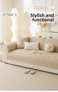 Detail of waterproof beige sofa cover featuring herringbone pattern and cat scratch resistance