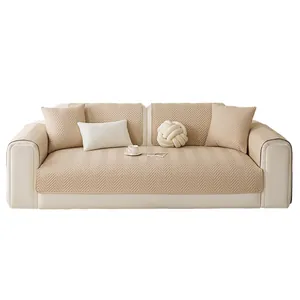 Modern beige quilted sofa cover set with waterproof chevron fabric and anti-slip backing