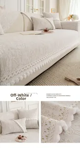 Detailed view of off-white washed cotton sofa cushion with lace trim and floral patterns