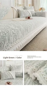 Detail of light green washed cotton sofa cover with botanical print and tassel fringe
