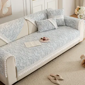 Pastoral Floral Chenille Sofa Cover With Lace Edging Pom Pom Decorative Anti Slip Sectional Sofa Cushion For Living Room Home Decoration