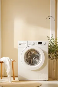 Detail of white cotton plush sofa cover being washed in a modern washing machine