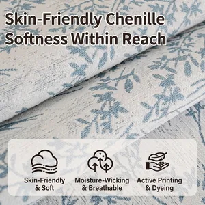 Breathable blue leaf pattern chenille sofa cover with thick skin-friendly texture