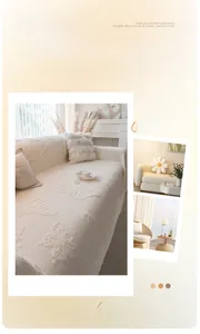 Detail of soft cream sofa cover with 3D butterfly texture and jacquard knit fabric