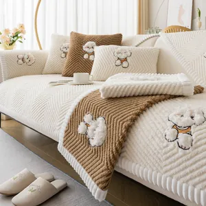 Cartoon Bichon Frise Embroidered Teddy Fleece Sofa Cushion Thick Plush Anti Slip Sofa Cover For Living Room Home Decor