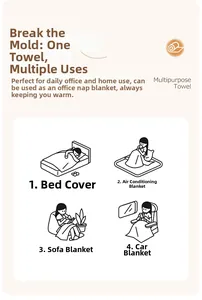 Illustration showing versatile uses as a warm throw blanket, sofa cover, and car travel rug