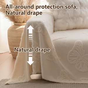 Thick light beige sofa cover with elegant 3D butterfly jacquard and soft velvet texture