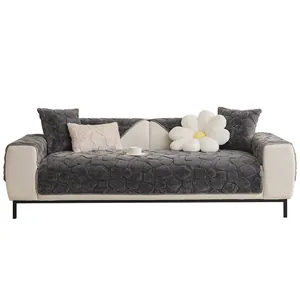 Dark grey faux rabbit fur sofa cover with 3D geometric texture and non-slip backing
