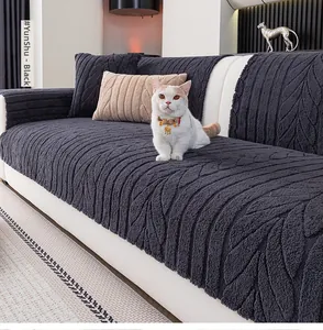 Thick black velvet sofa cover set with 3D leaf texture and matching pillows