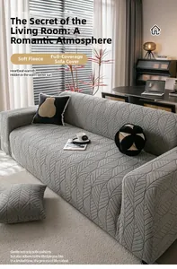 Detail of grey polar fleece sofa cover with leaf pattern texture in a modern living room