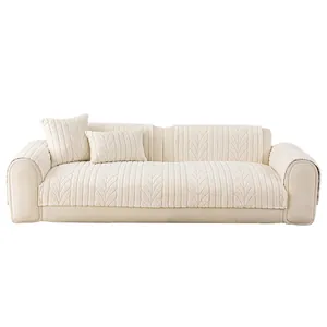 Beige thick plush sofa cover set with premium wheat pattern quilting for home decor