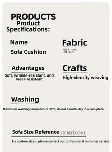 Detail showing Chenille fabric attributes and care instructions for sofa cushions