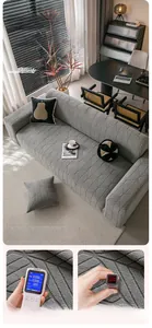 Detail of gray polar fleece sofa cover showing leaf texture and non-fluorescent safety test