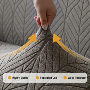 Elastic gray polar fleece sofa cover with textured leaf pattern and stretch fabric