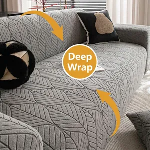 Gray polar fleece sofa cover with 3D leaf pattern and elastic non-slip fit for living room