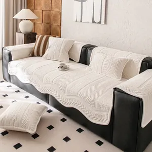 Classic cream heavy chenille sofa cover with quilted rhombus texture and wavy edge
