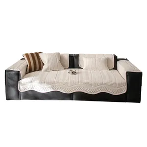 Classic heavy chenille sofa cover in beige with herringbone texture and wavy edges