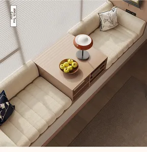 Detail view of the milk tea color teddy velvet bay window cushion with vertical stripes