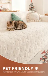 Detailed view of cream rabbit plush sofa cover featuring a sleeping cat and pet friendly text
