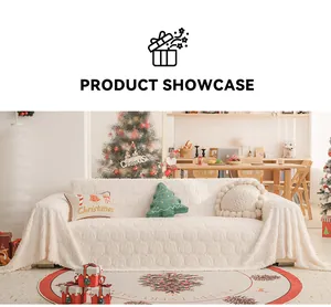 Detail of cream-colored embossed sofa cover with Christmas pillows and festive round rug