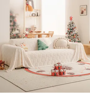 Detailed texture of thick cream rabbit faux fur sofa cover with 3D embossed pattern