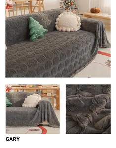 Detail of dark gray sofa cover with thick rabbit plush texture and 3D pumpkin pattern