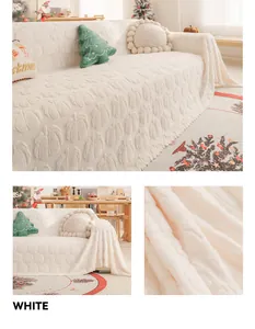 Detail of white cream-style faux rabbit fur sofa cover with textured floral patterns