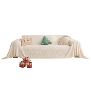 Plush cream white sofa cover with embossed quilted texture and winter thick fabric