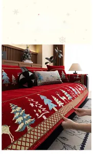 Thick red Christmas chenille sofa cushion with festive reindeer and snowflake patterns