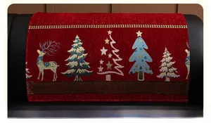 Detail of dark red Christmas chenille sofa back cover with reindeer and tree patterns