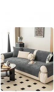 Detail of grey chenille sofa cover with vertical texture in a modern living room