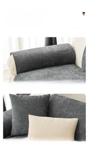 Detailed texture of gray corduroy sofa armrest cover and matching throw pillows