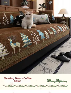 Detail of thickened chenille sofa cover featuring reindeer and Christmas tree patterns