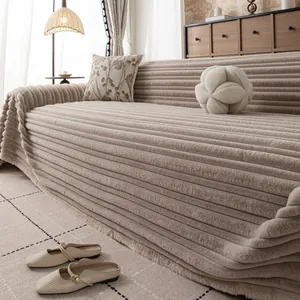 Housse de Canapé en Peluche de Lapin Rayée Épaissie Style Crème Français Serviette de Canapé Antidérapante Chaude Couverture de Protection pour Salon Maison