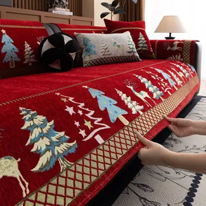 Christmas Reindeer Tree Pattern Chenille Sofa Cushion Thickened Anti Slip Couch Protective Cover Festive Home Decor Slipcover